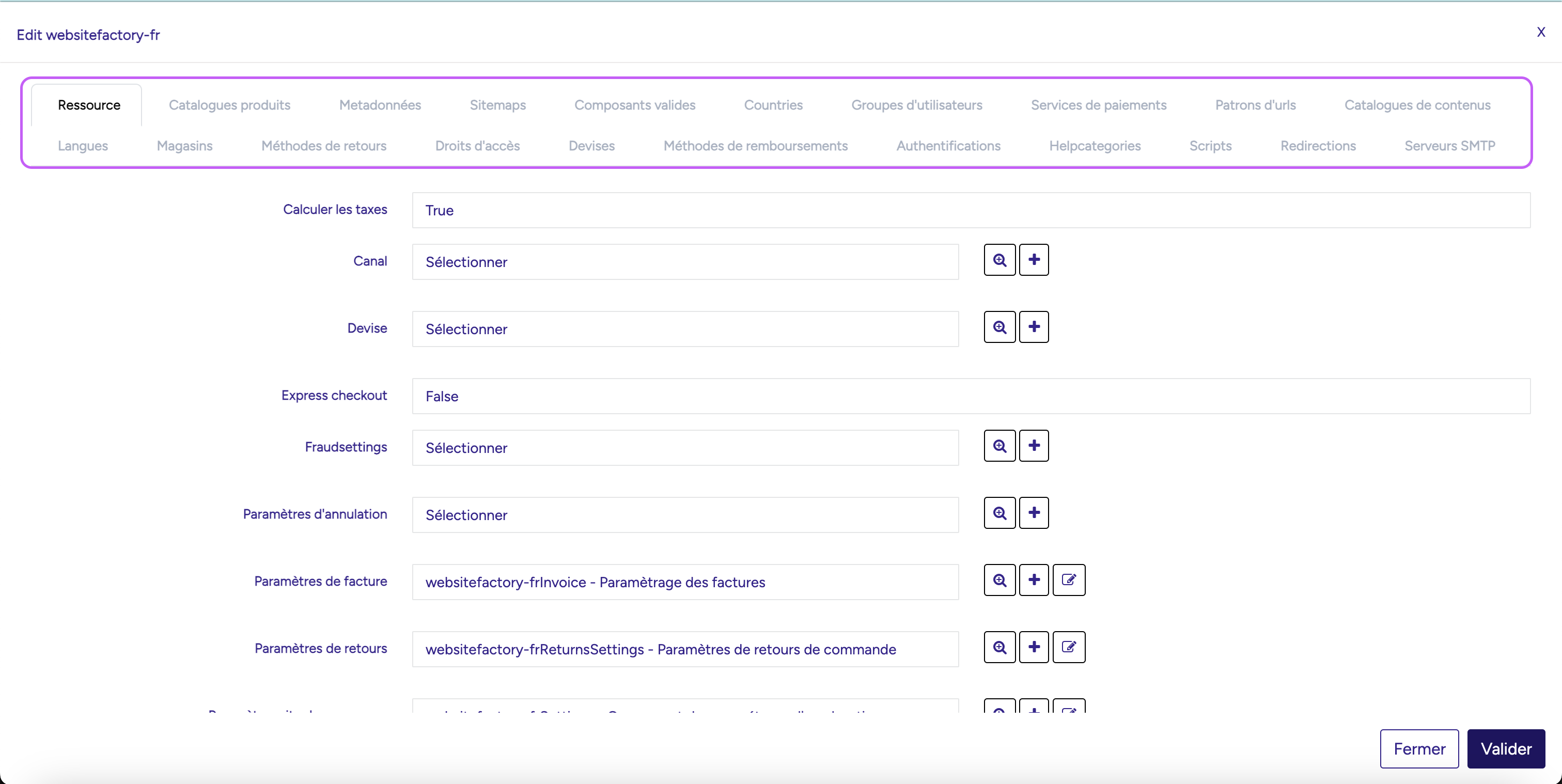 Options et paramètres du site