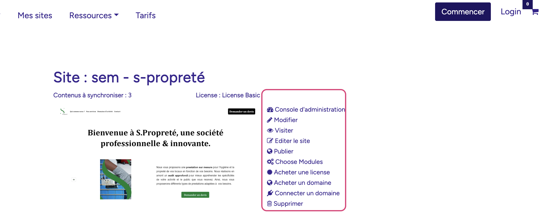 Accéder au menu d'édition d'un site